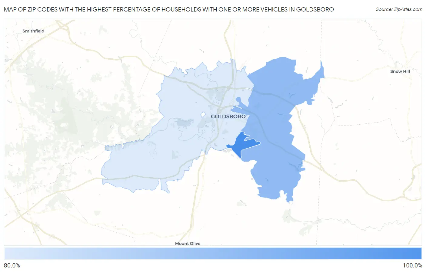 Zip Codes with the Highest Percentage of Households With One or more Vehicles in Goldsboro Map