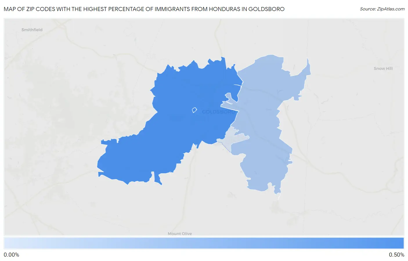Zip Codes with the Highest Percentage of Immigrants from Honduras in Goldsboro Map
