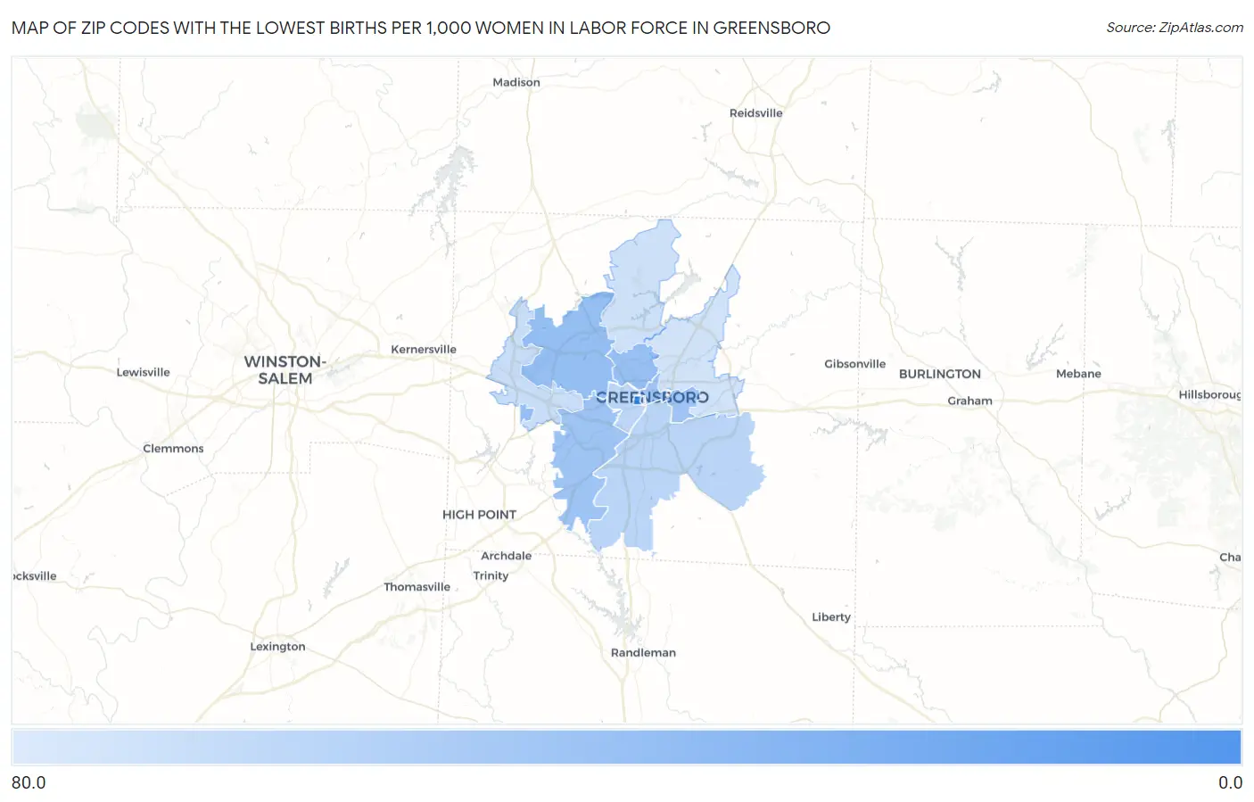Zip Codes with the Lowest Births per 1,000 Women in Labor Force in Greensboro Map