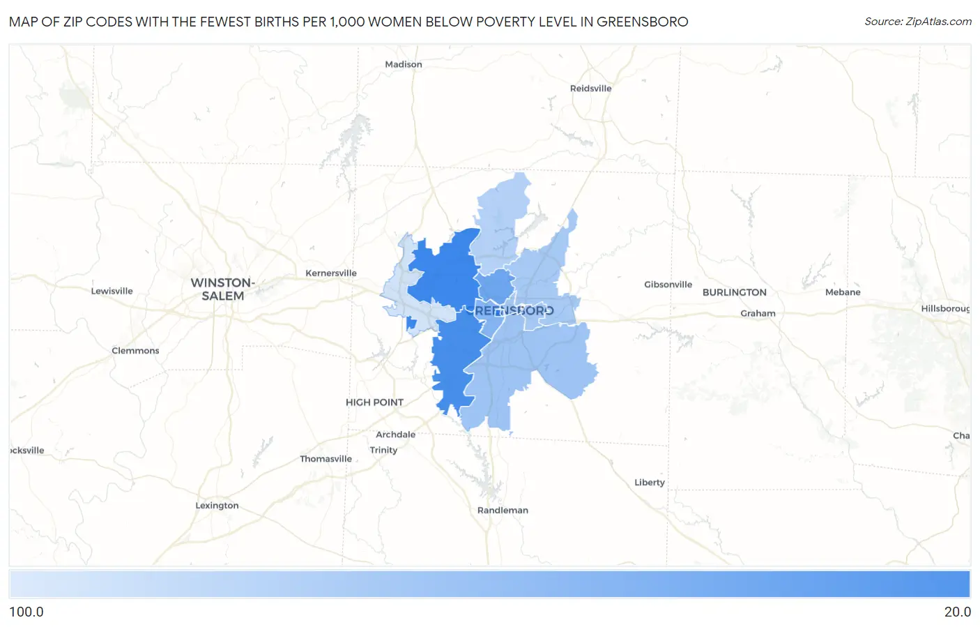 Zip Codes with the Fewest Births per 1,000 Women Below Poverty Level in Greensboro Map