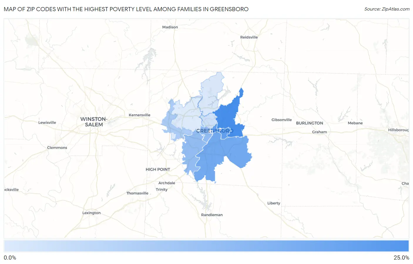 Zip Codes with the Highest Poverty Level Among Families in Greensboro Map