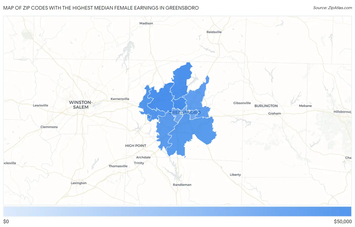 Zip Codes with the Highest Median Female Earnings in Greensboro Map