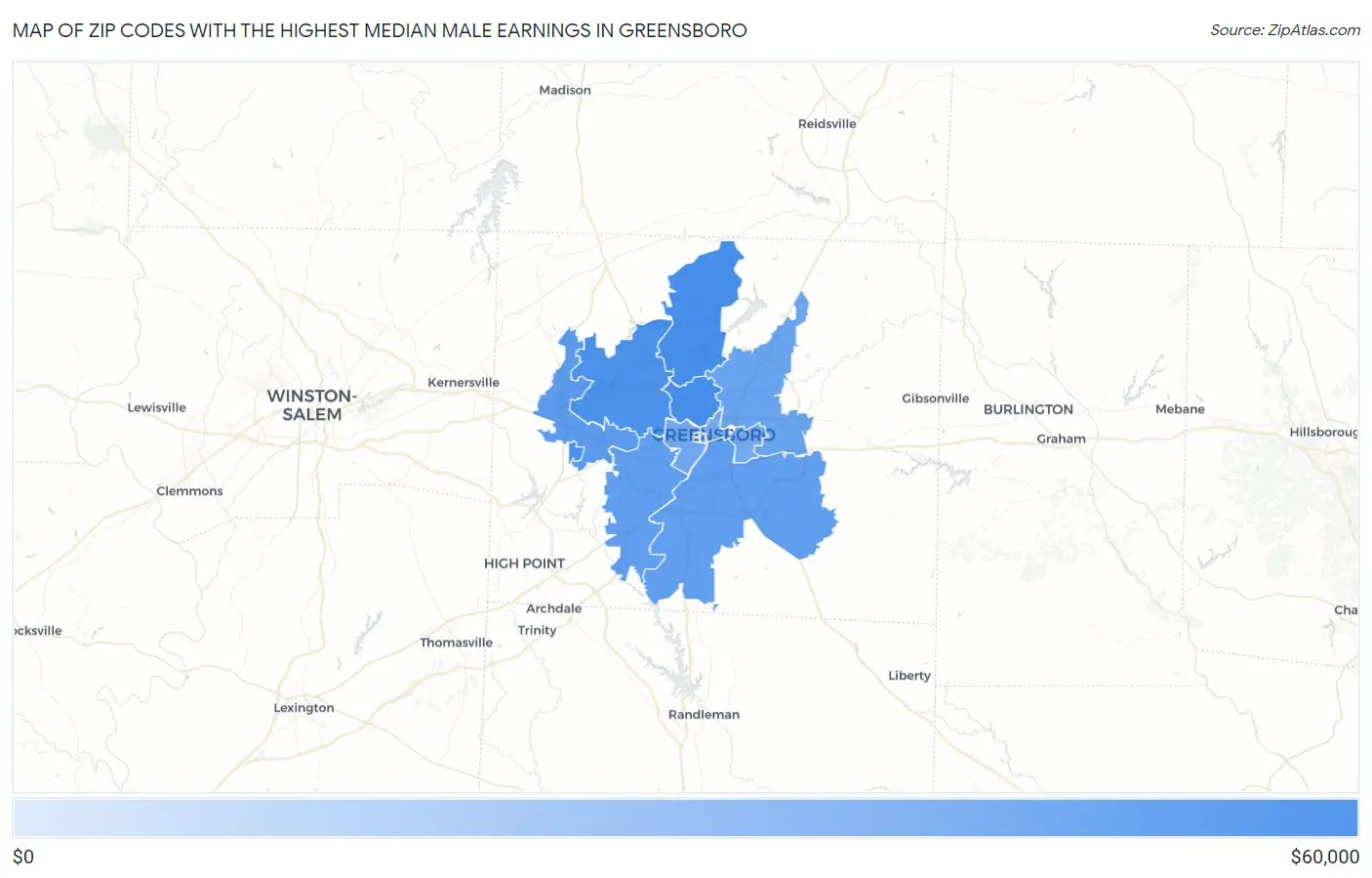 Zip Codes with the Highest Median Male Earnings in Greensboro Map