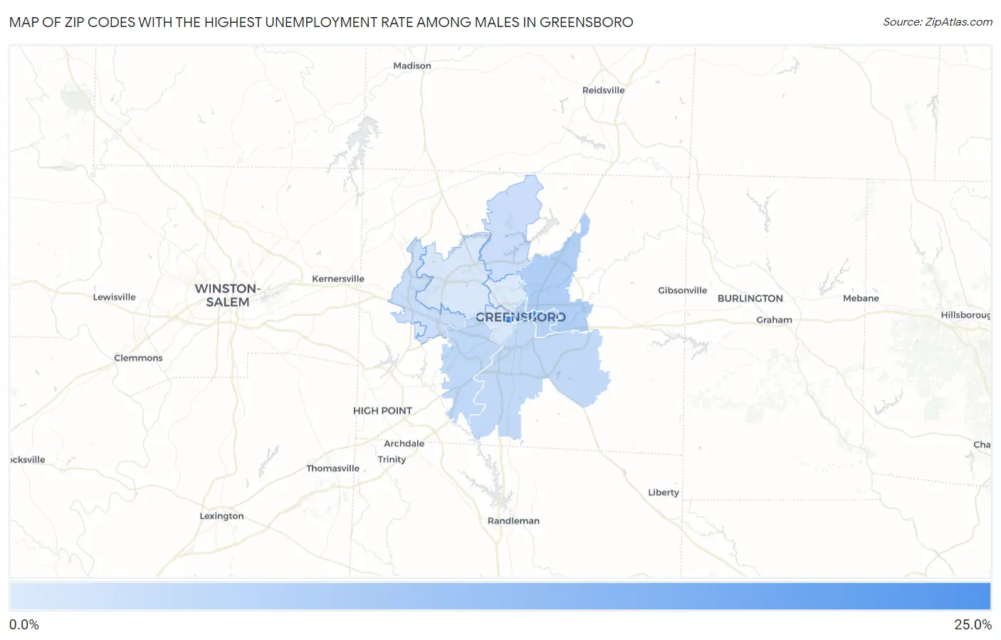 Zip Codes with the Highest Unemployment Rate Among Males in Greensboro Map