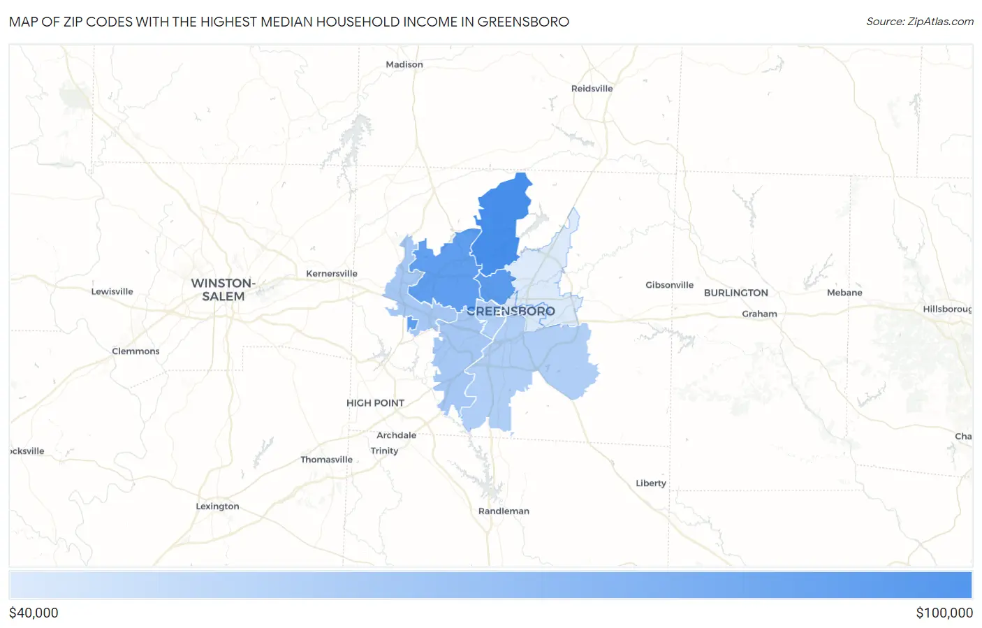 Zip Codes with the Highest Median Household Income in Greensboro Map