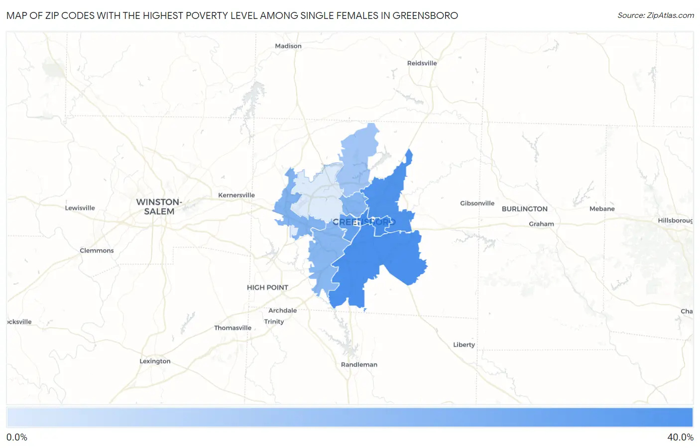 Zip Codes with the Highest Poverty Level Among Single Females in Greensboro Map