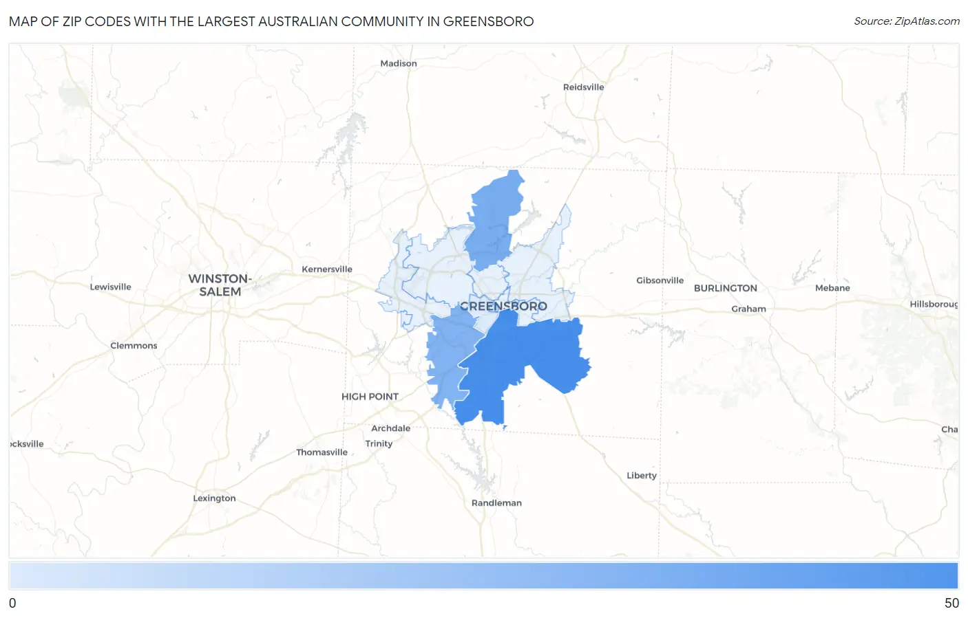 Zip Codes with the Largest Australian Community in Greensboro Map
