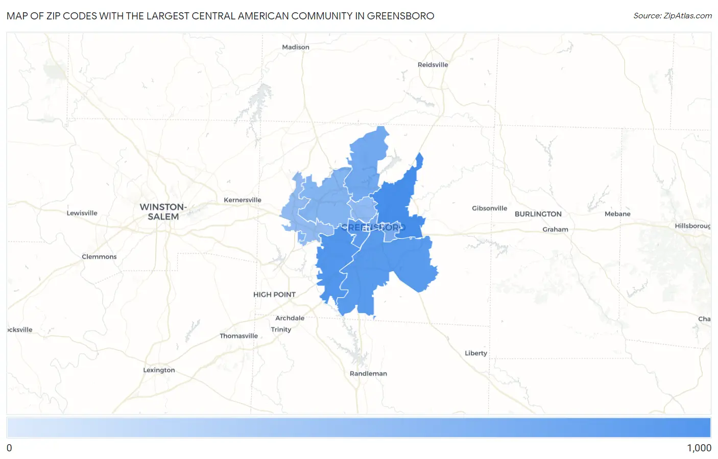 Zip Codes with the Largest Central American Community in Greensboro Map