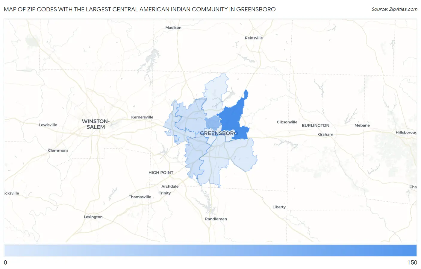 Zip Codes with the Largest Central American Indian Community in Greensboro Map