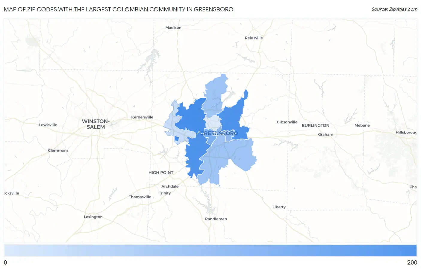 Zip Codes with the Largest Colombian Community in Greensboro Map