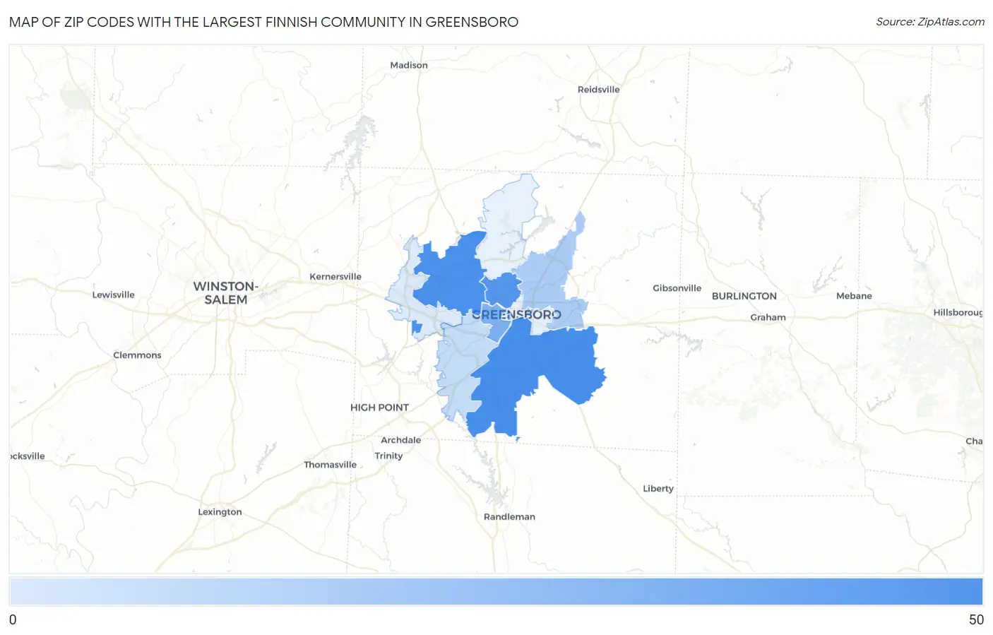 Zip Codes with the Largest Finnish Community in Greensboro Map