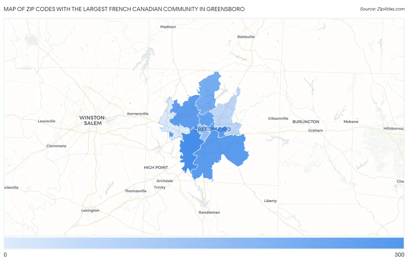 Zip Codes with the Largest French Canadian Community in Greensboro Map