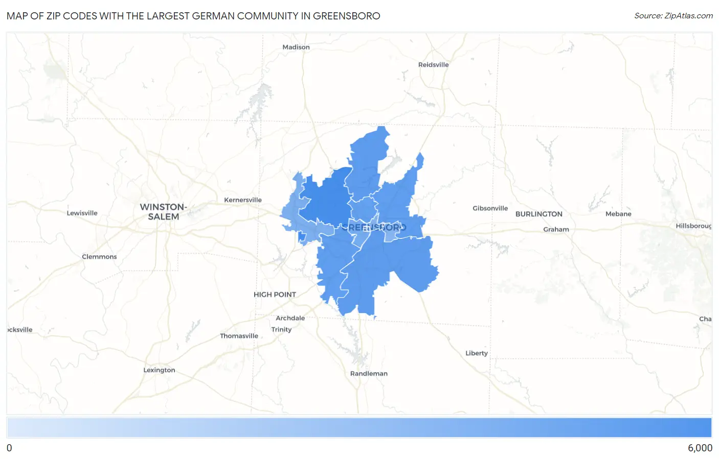 Zip Codes with the Largest German Community in Greensboro Map