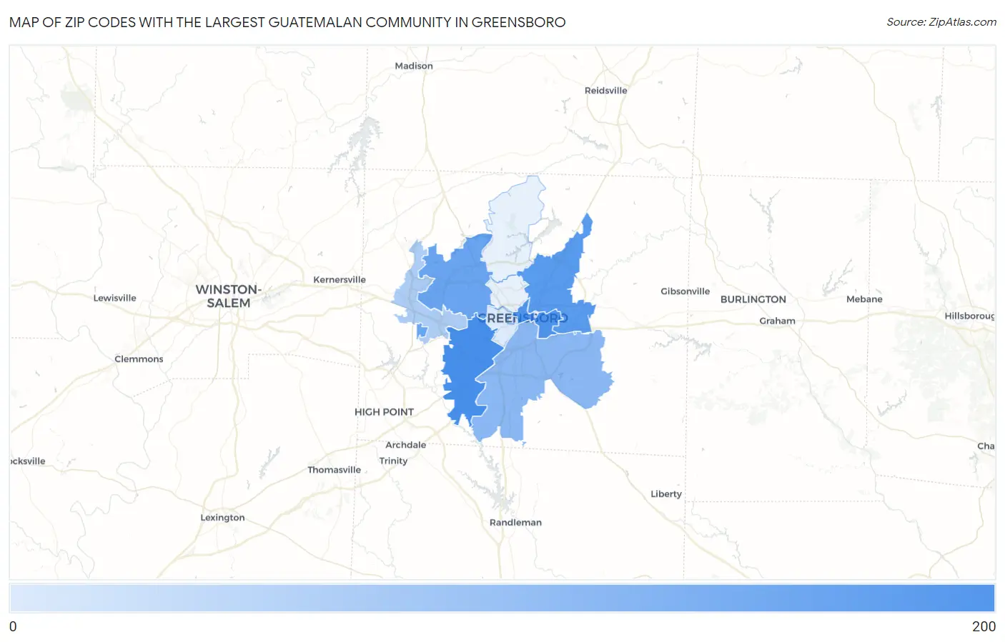 Zip Codes with the Largest Guatemalan Community in Greensboro Map