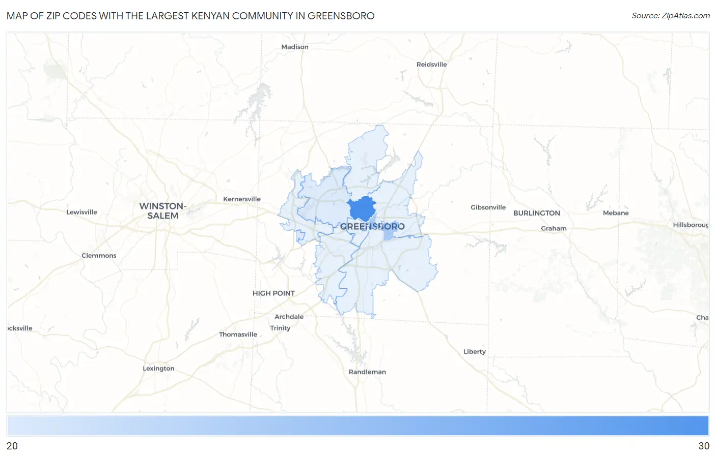 Zip Codes with the Largest Kenyan Community in Greensboro Map