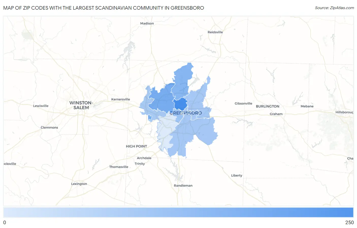 Zip Codes with the Largest Scandinavian Community in Greensboro Map