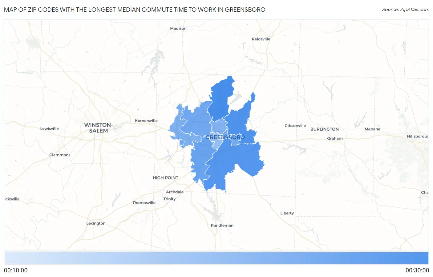 Zip Codes with the Longest Median Commute Time to Work in Greensboro Map
