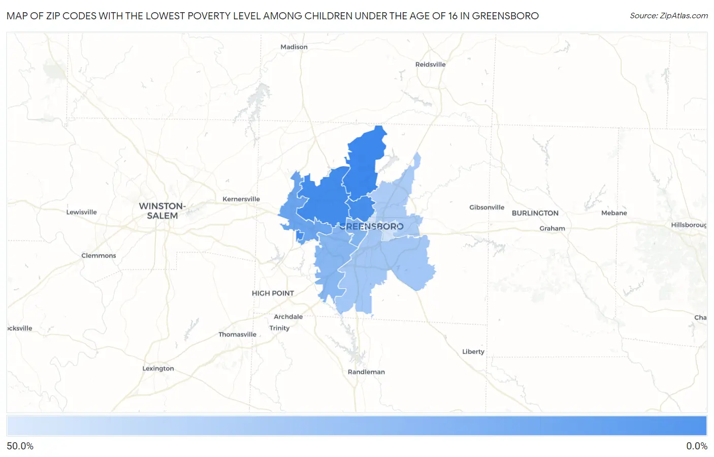 Zip Codes with the Lowest Poverty Level Among Children Under the Age of 16 in Greensboro Map