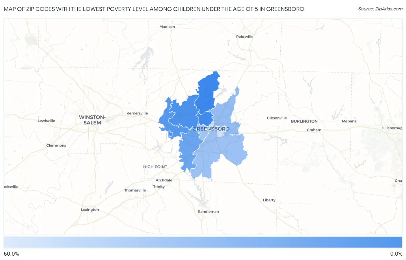 Zip Codes with the Lowest Poverty Level Among Children Under the Age of 5 in Greensboro Map