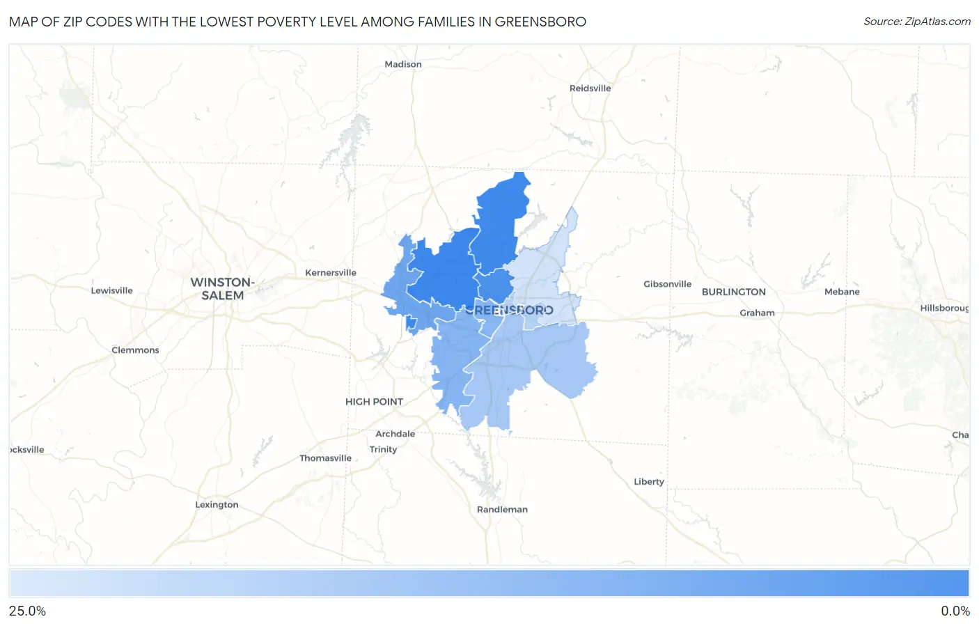 Zip Codes with the Lowest Poverty Level Among Families in Greensboro Map
