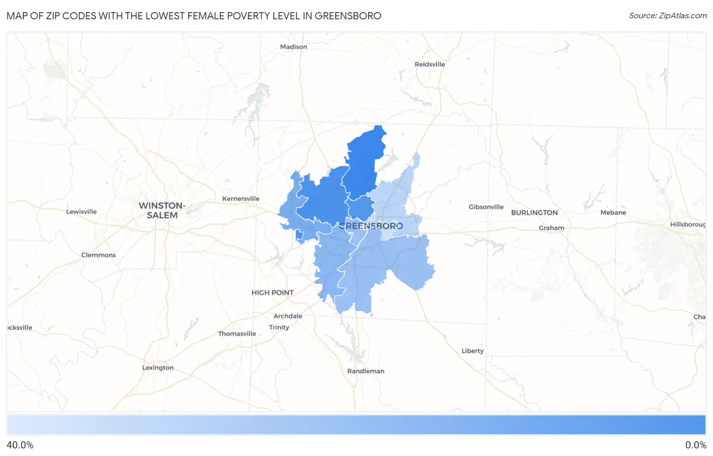Zip Codes with the Lowest Female Poverty Level in Greensboro Map