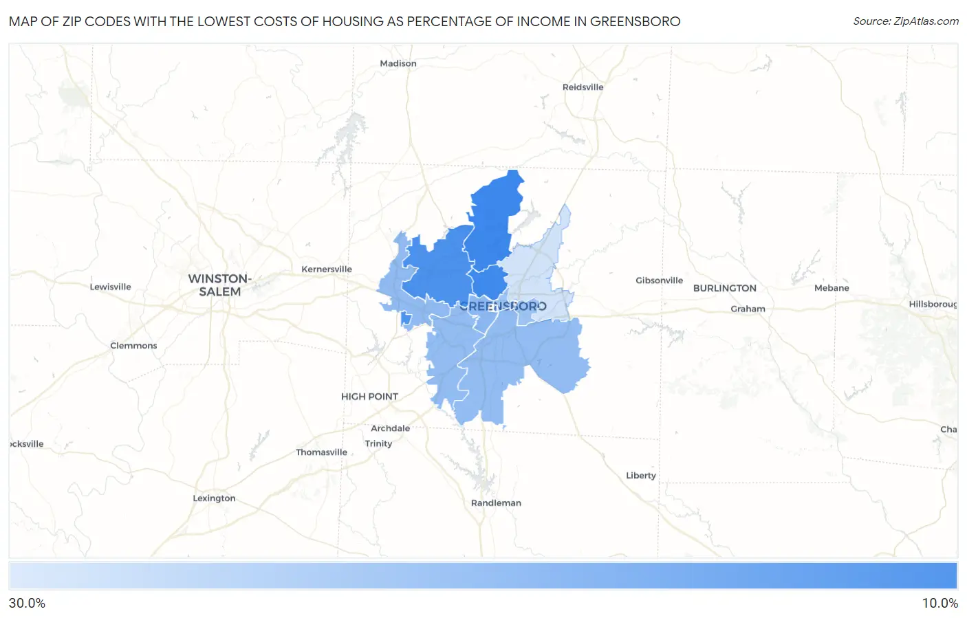 Zip Codes with the Lowest Costs of Housing as Percentage of Income in Greensboro Map
