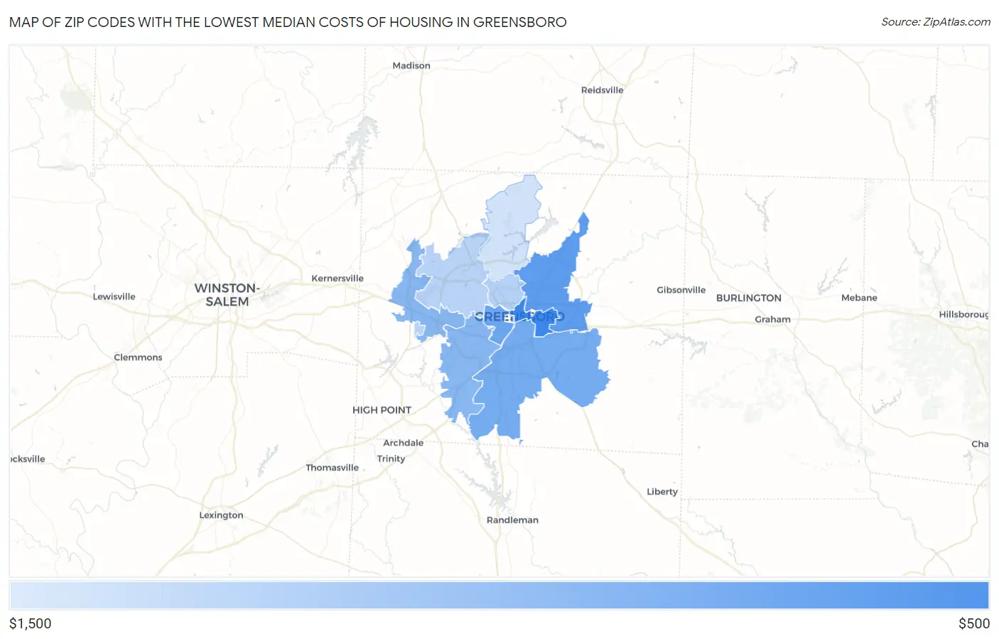 Zip Codes with the Lowest Median Costs of Housing in Greensboro Map