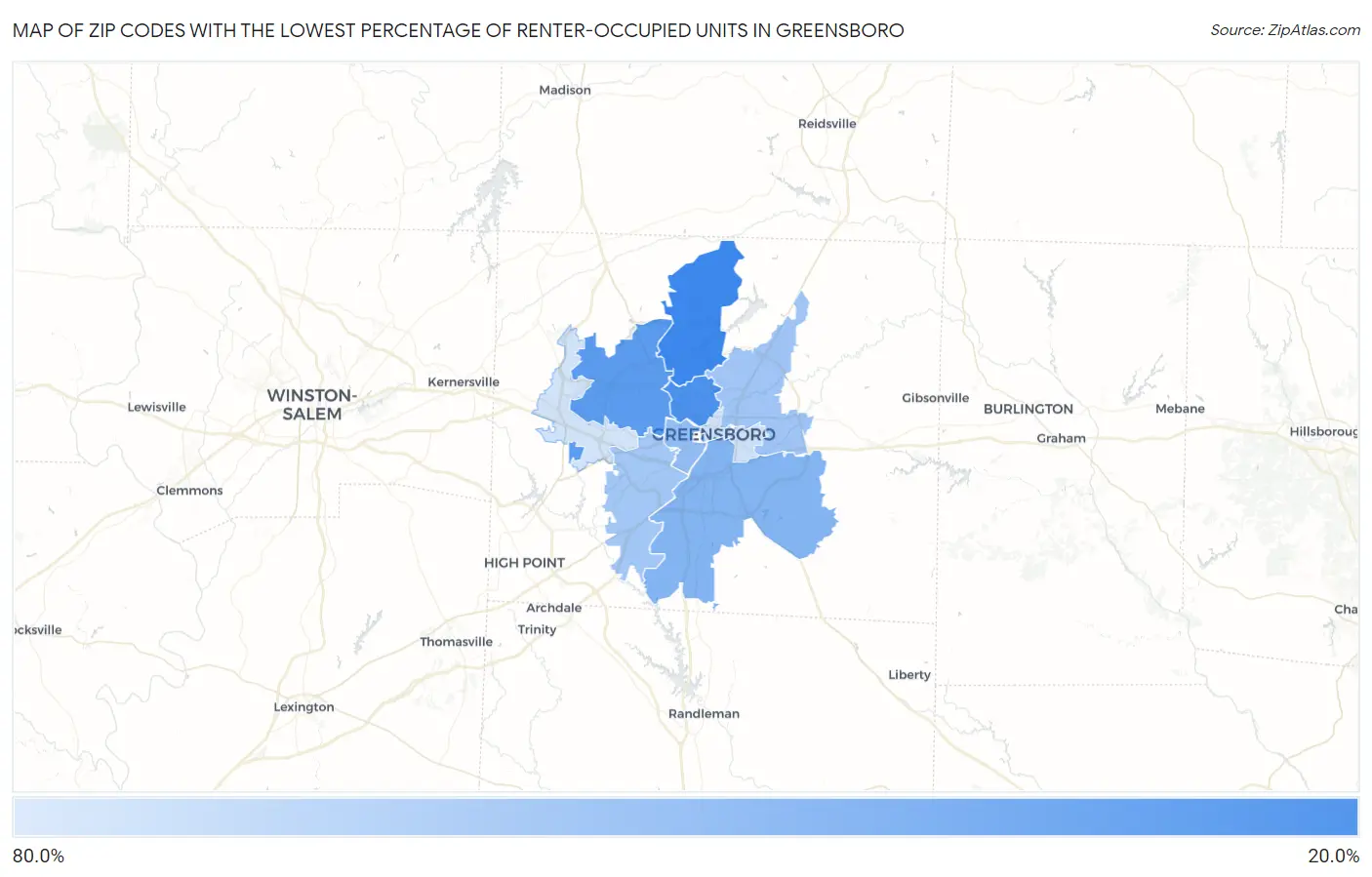 Zip Codes with the Lowest Percentage of Renter-Occupied Units in Greensboro Map