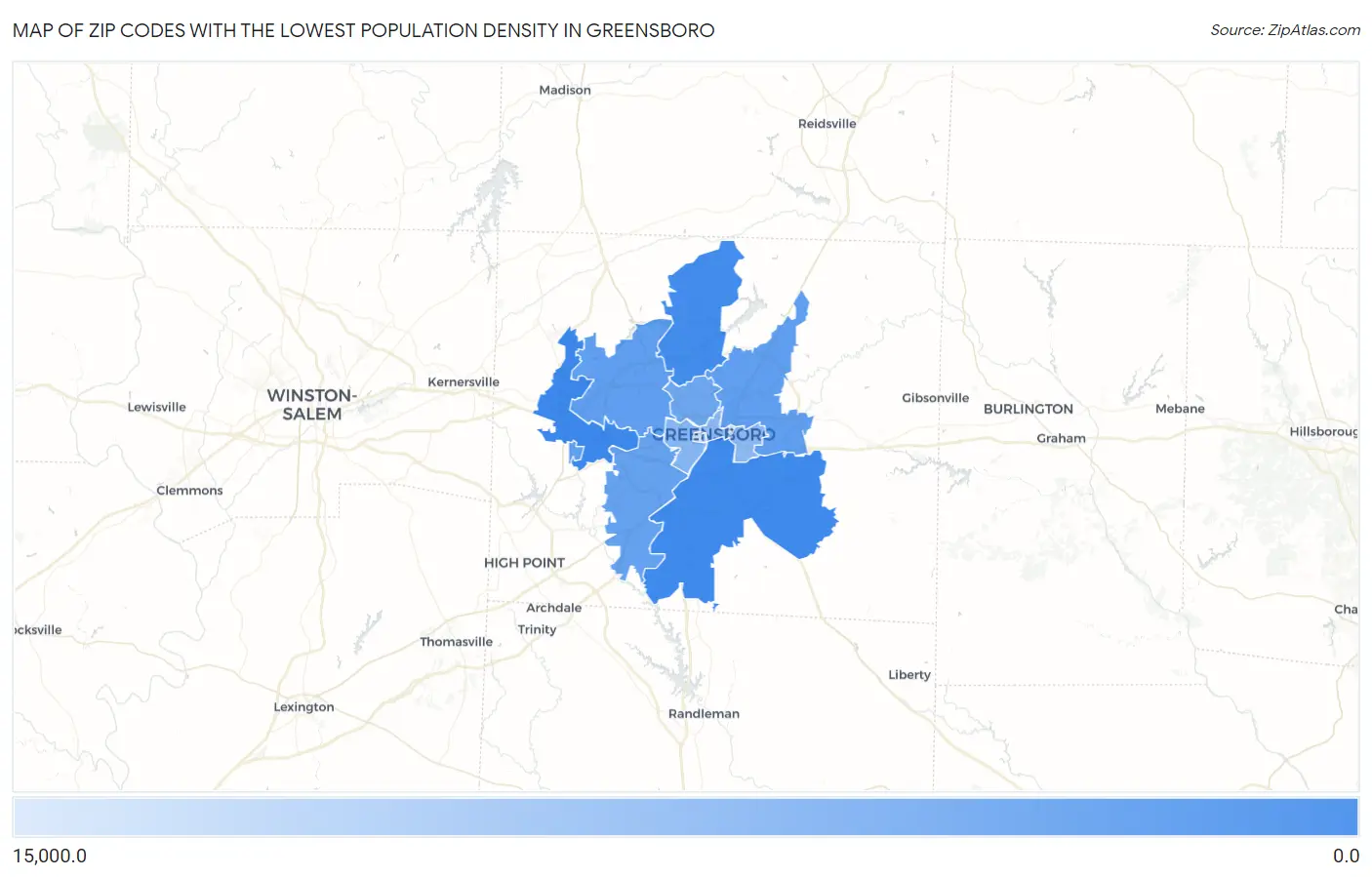 Zip Codes with the Lowest Population Density in Greensboro Map