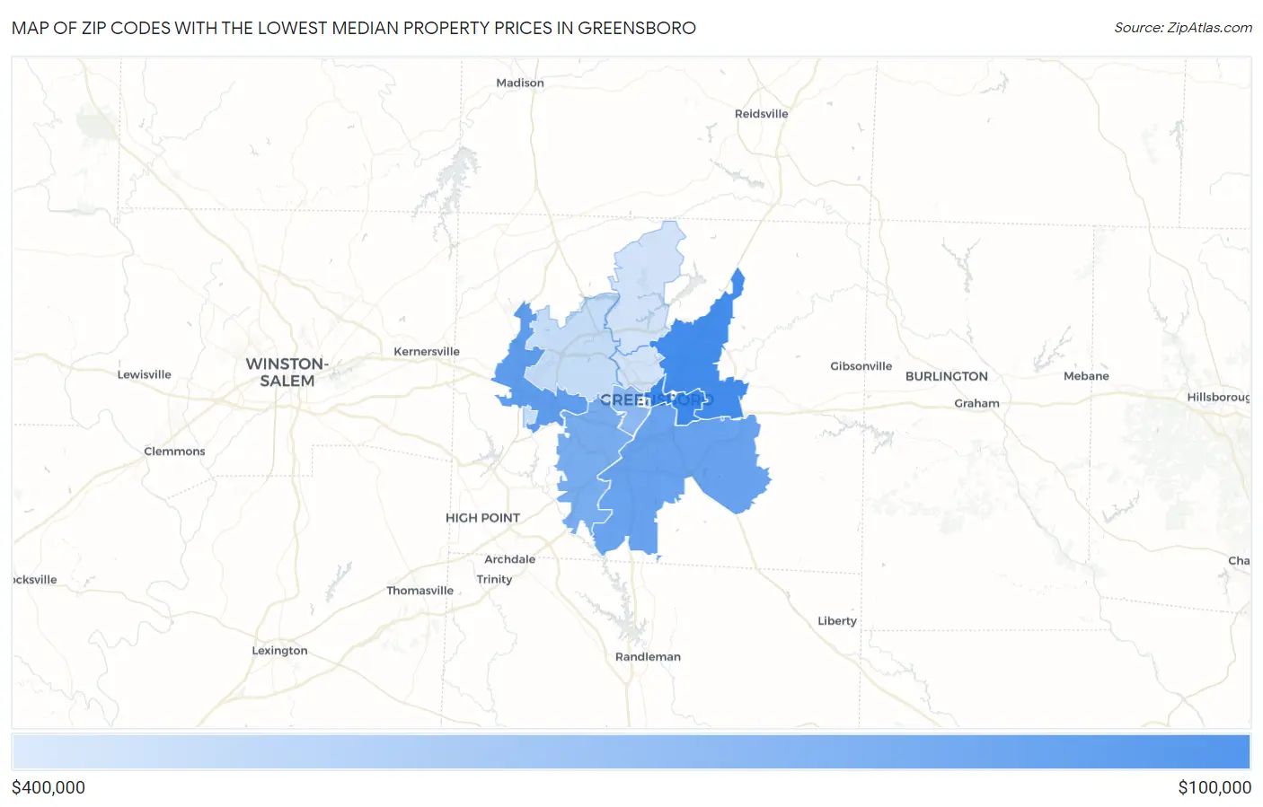 Zip Codes with the Lowest Median Property Prices in Greensboro Map