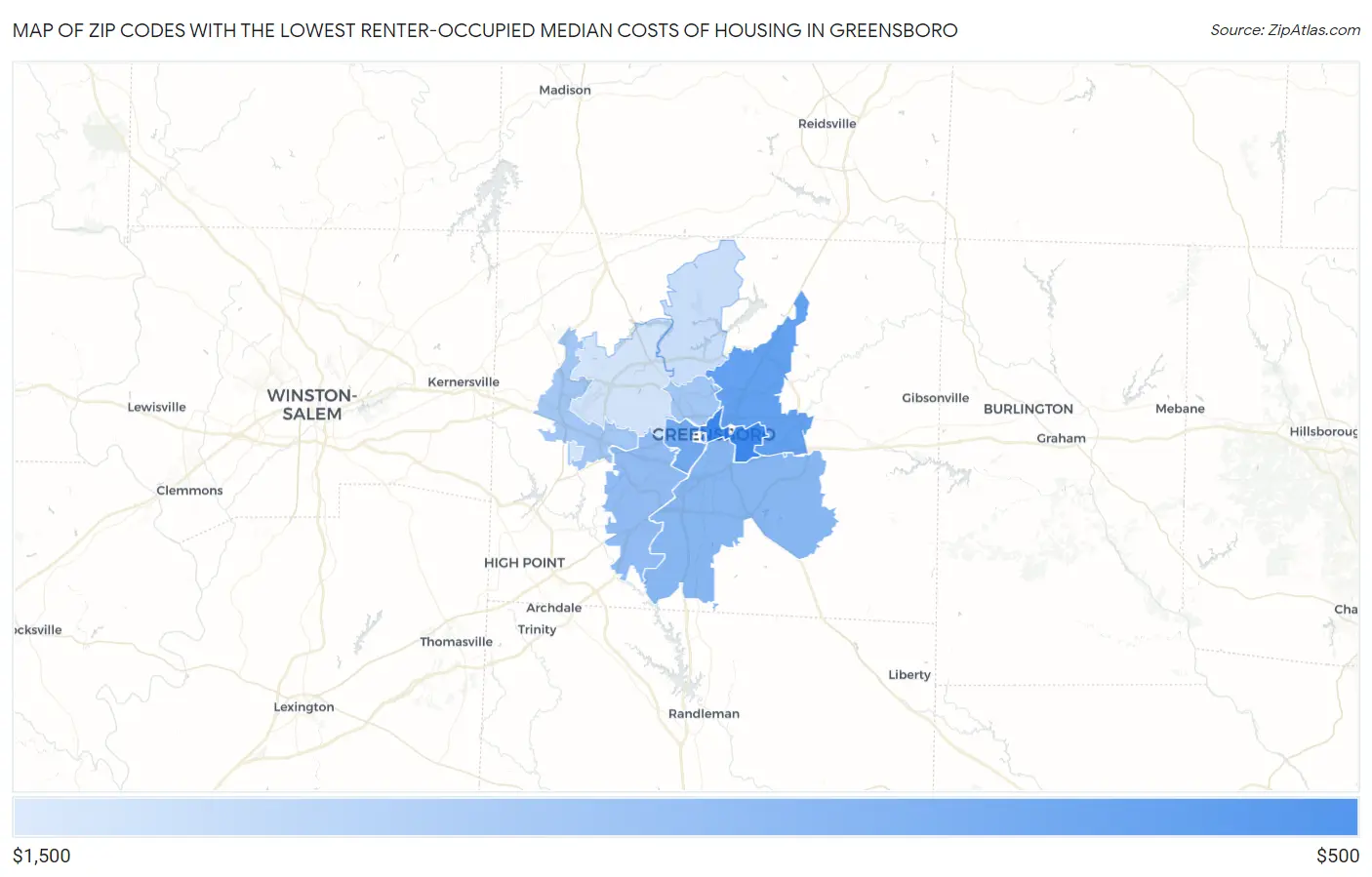 Zip Codes with the Lowest Renter-Occupied Median Costs of Housing in Greensboro Map