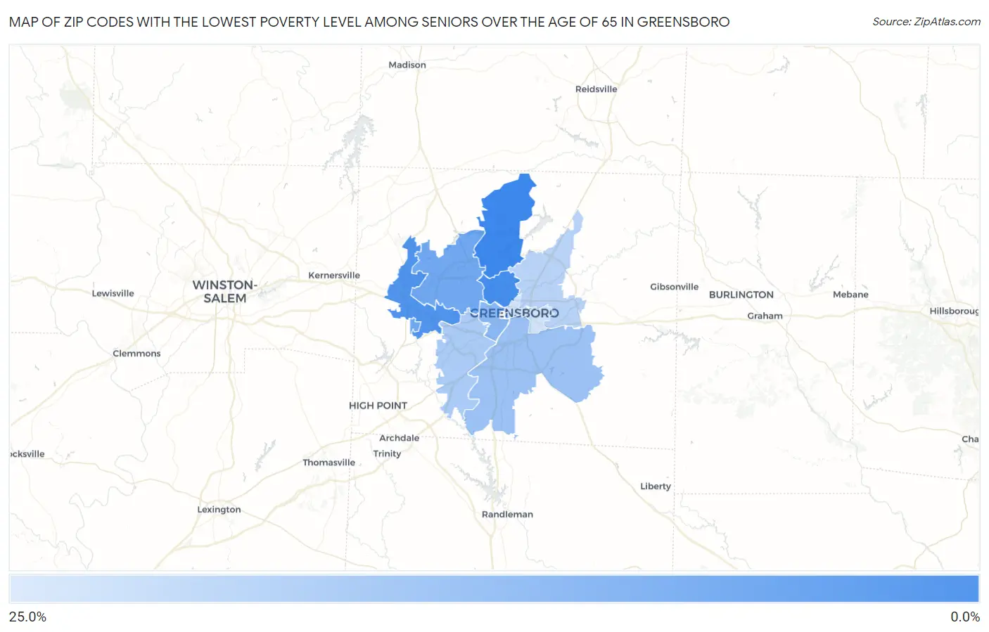 Zip Codes with the Lowest Poverty Level Among Seniors Over the Age of 65 in Greensboro Map