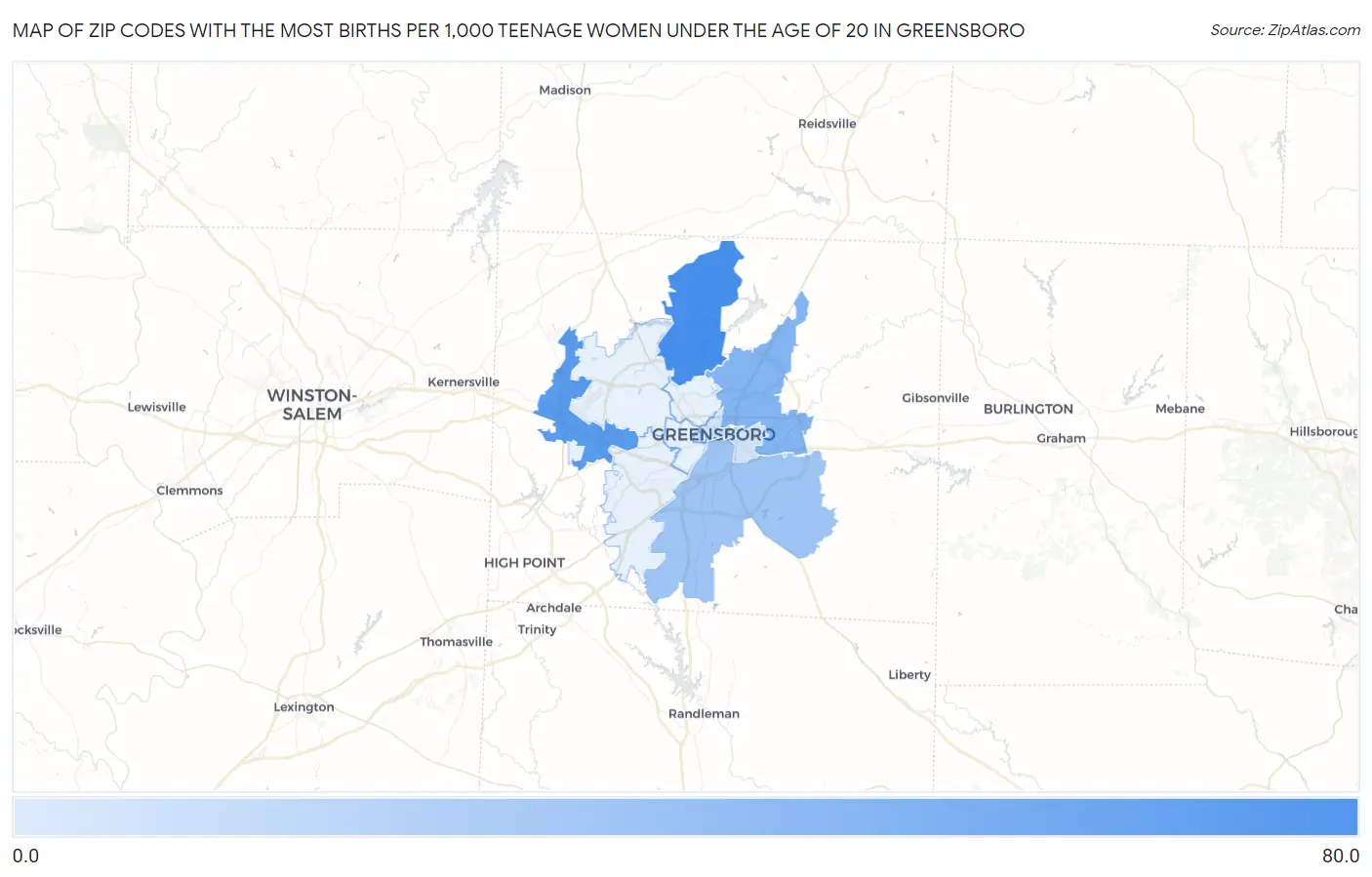 Zip Codes with the Most Births per 1,000 Teenage Women Under the Age of 20 in Greensboro Map