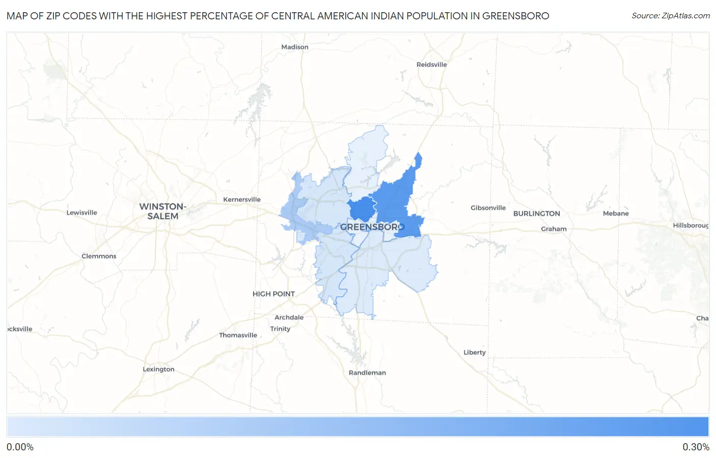 Zip Codes with the Highest Percentage of Central American Indian Population in Greensboro Map