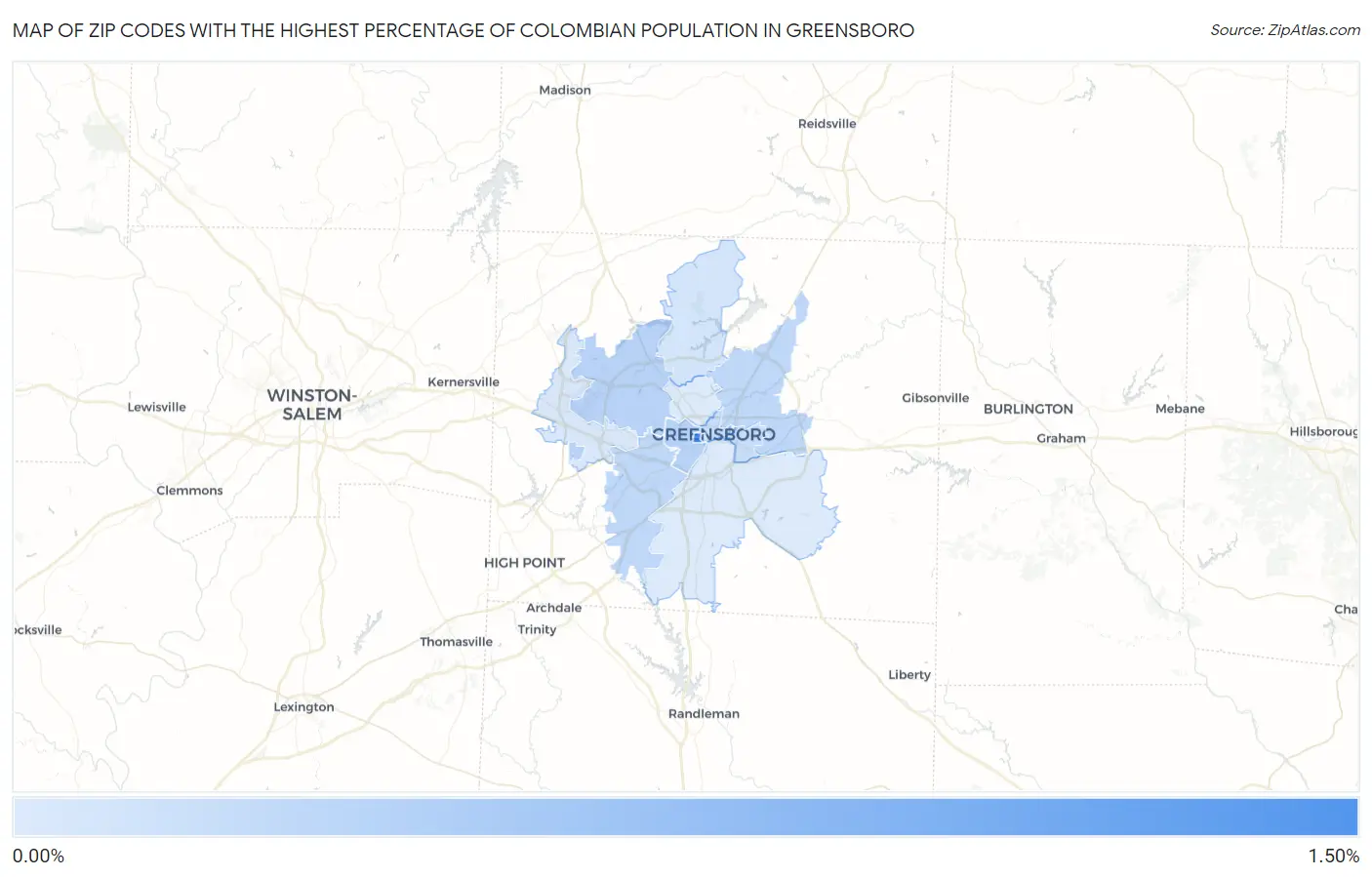 Zip Codes with the Highest Percentage of Colombian Population in Greensboro Map