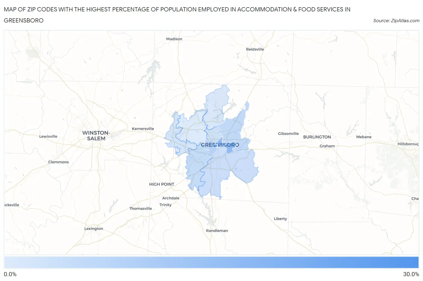 Zip Codes with the Highest Percentage of Population Employed in Accommodation & Food Services in Greensboro Map