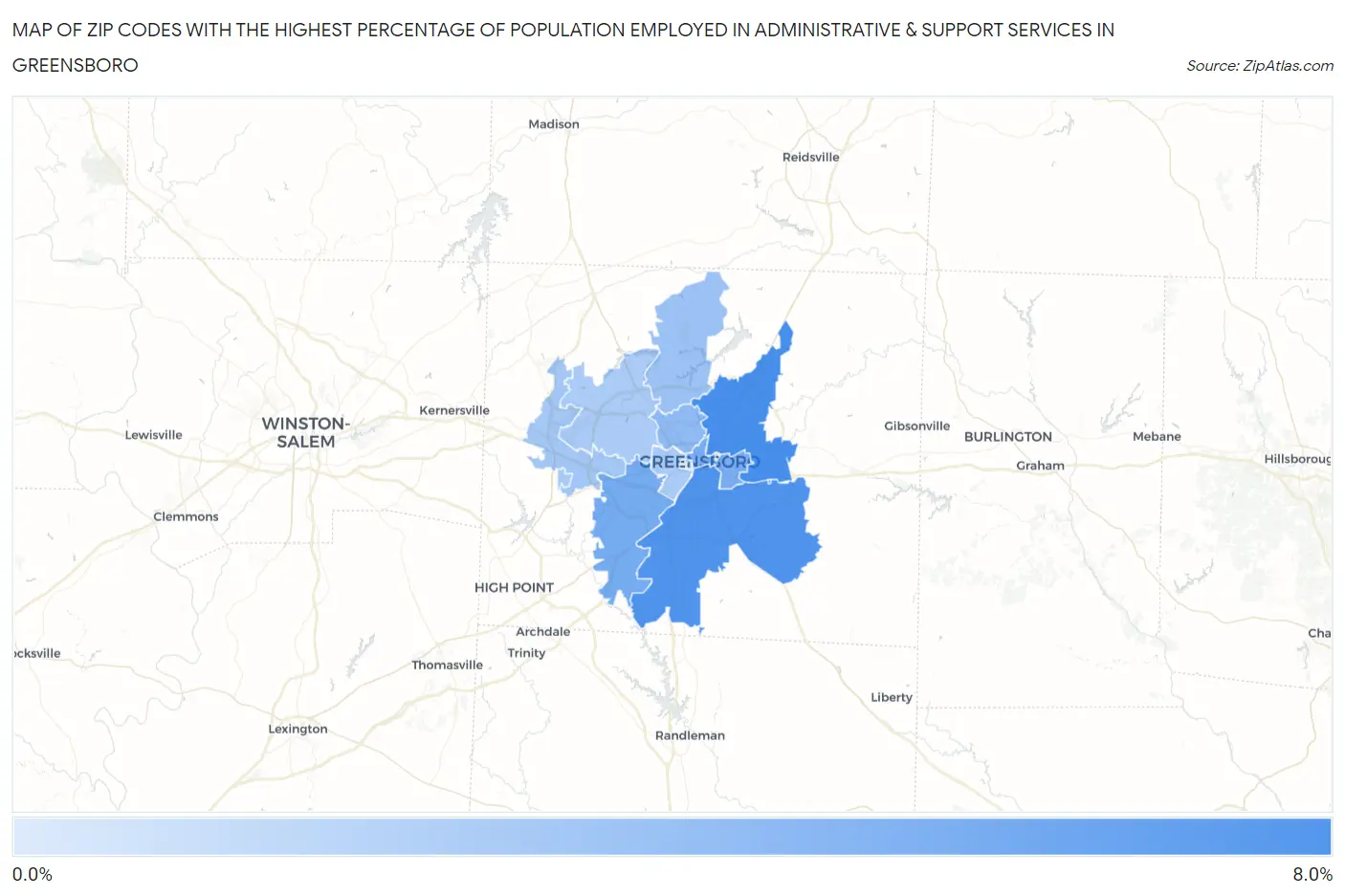 Zip Codes with the Highest Percentage of Population Employed in Administrative & Support Services in Greensboro Map
