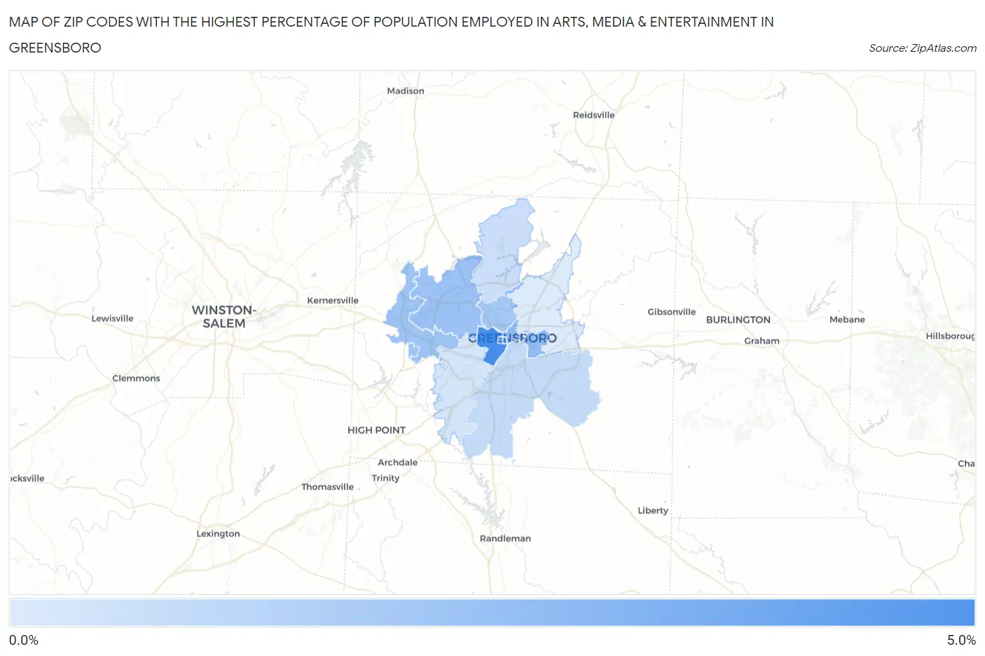 Zip Codes with the Highest Percentage of Population Employed in Arts, Media & Entertainment in Greensboro Map