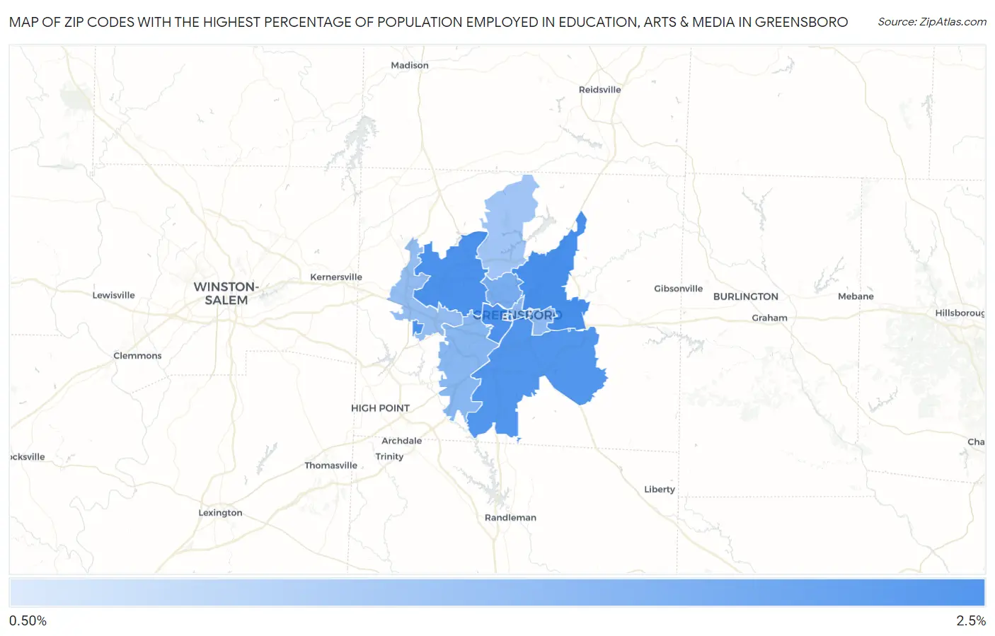 Zip Codes with the Highest Percentage of Population Employed in Education, Arts & Media in Greensboro Map