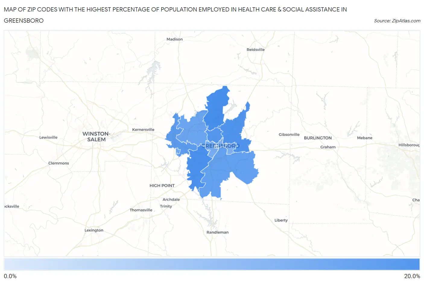 Zip Codes with the Highest Percentage of Population Employed in Health Care & Social Assistance in Greensboro Map