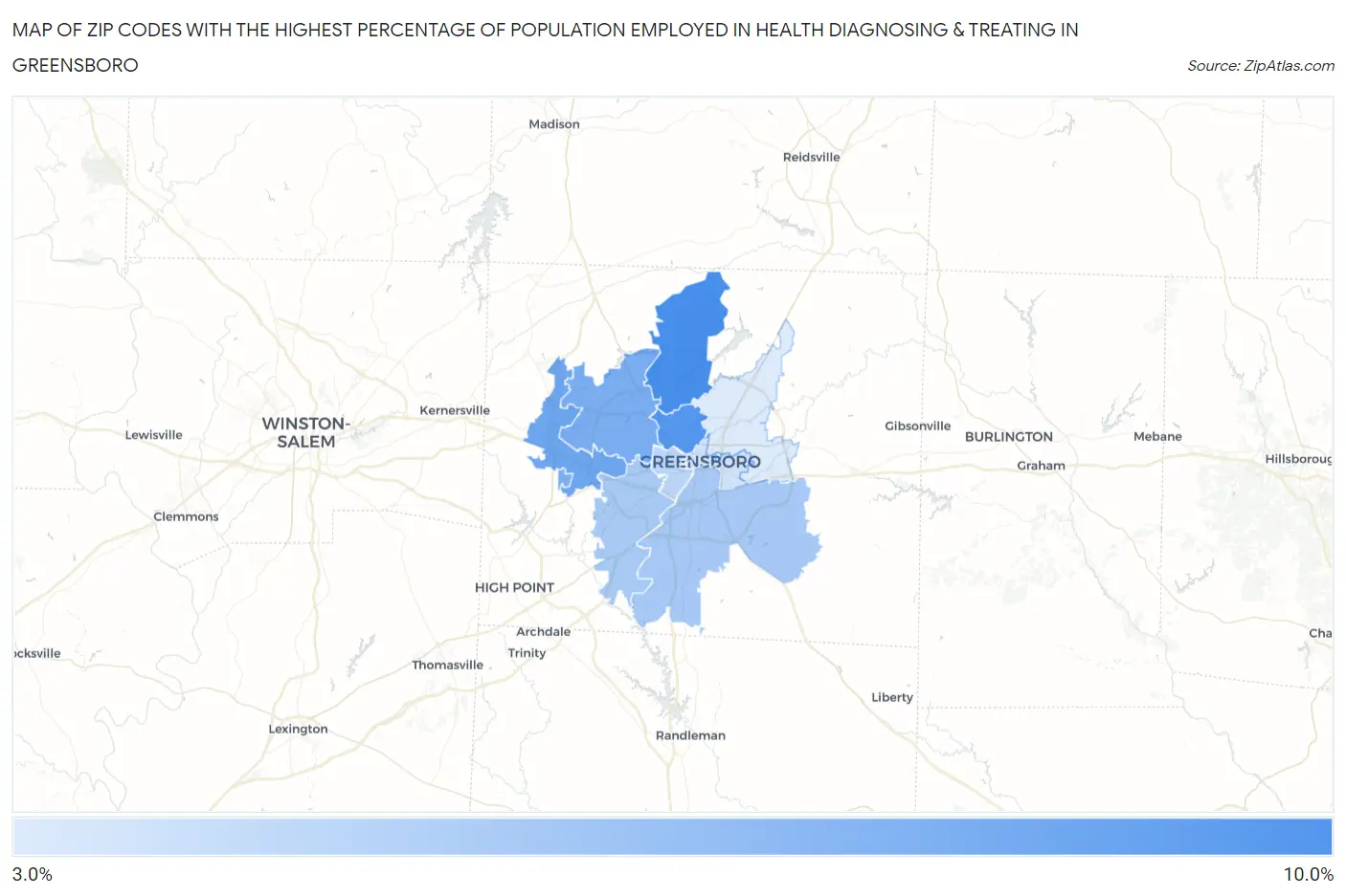 Zip Codes with the Highest Percentage of Population Employed in Health Diagnosing & Treating in Greensboro Map