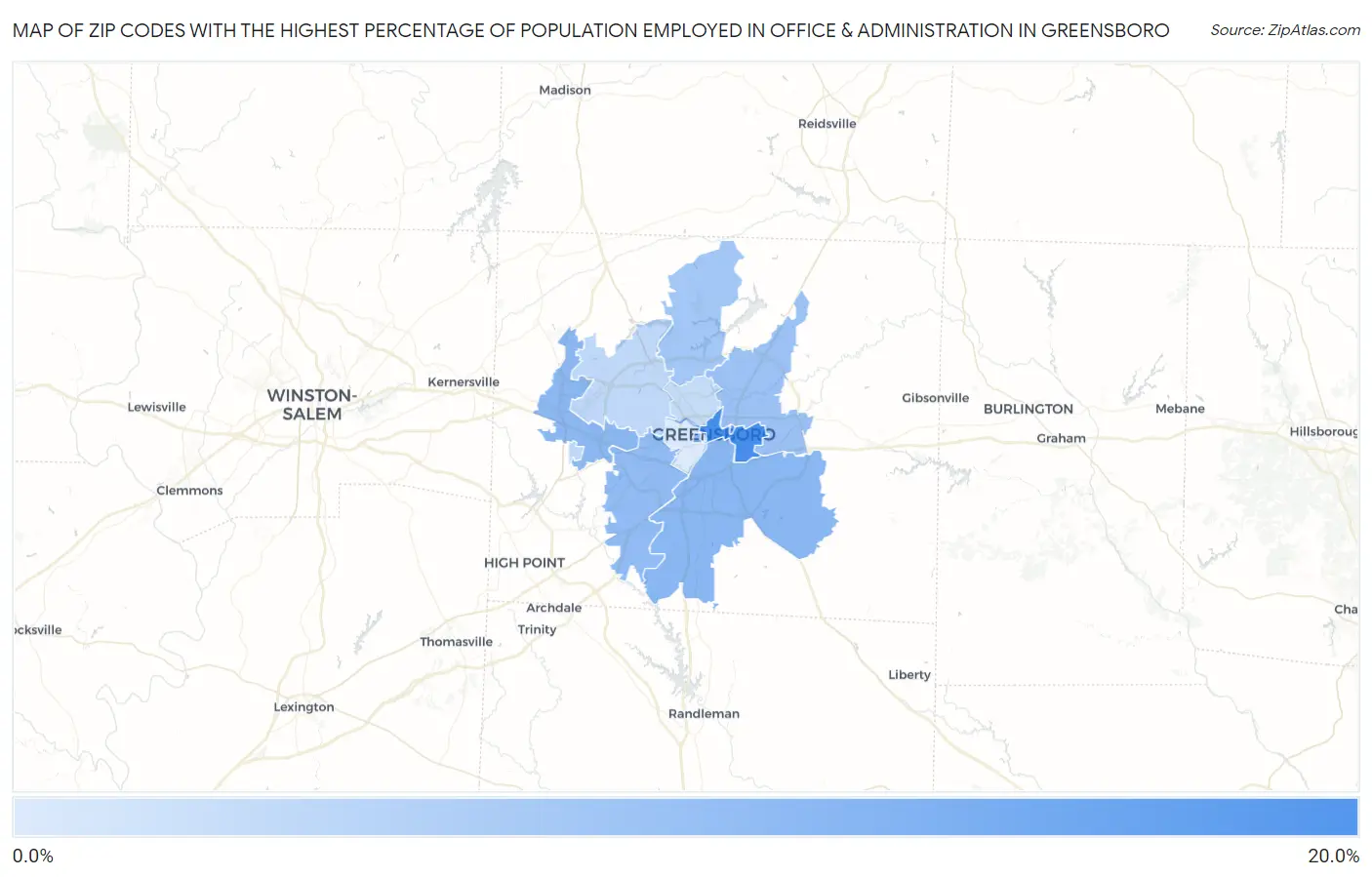 Zip Codes with the Highest Percentage of Population Employed in Office & Administration in Greensboro Map