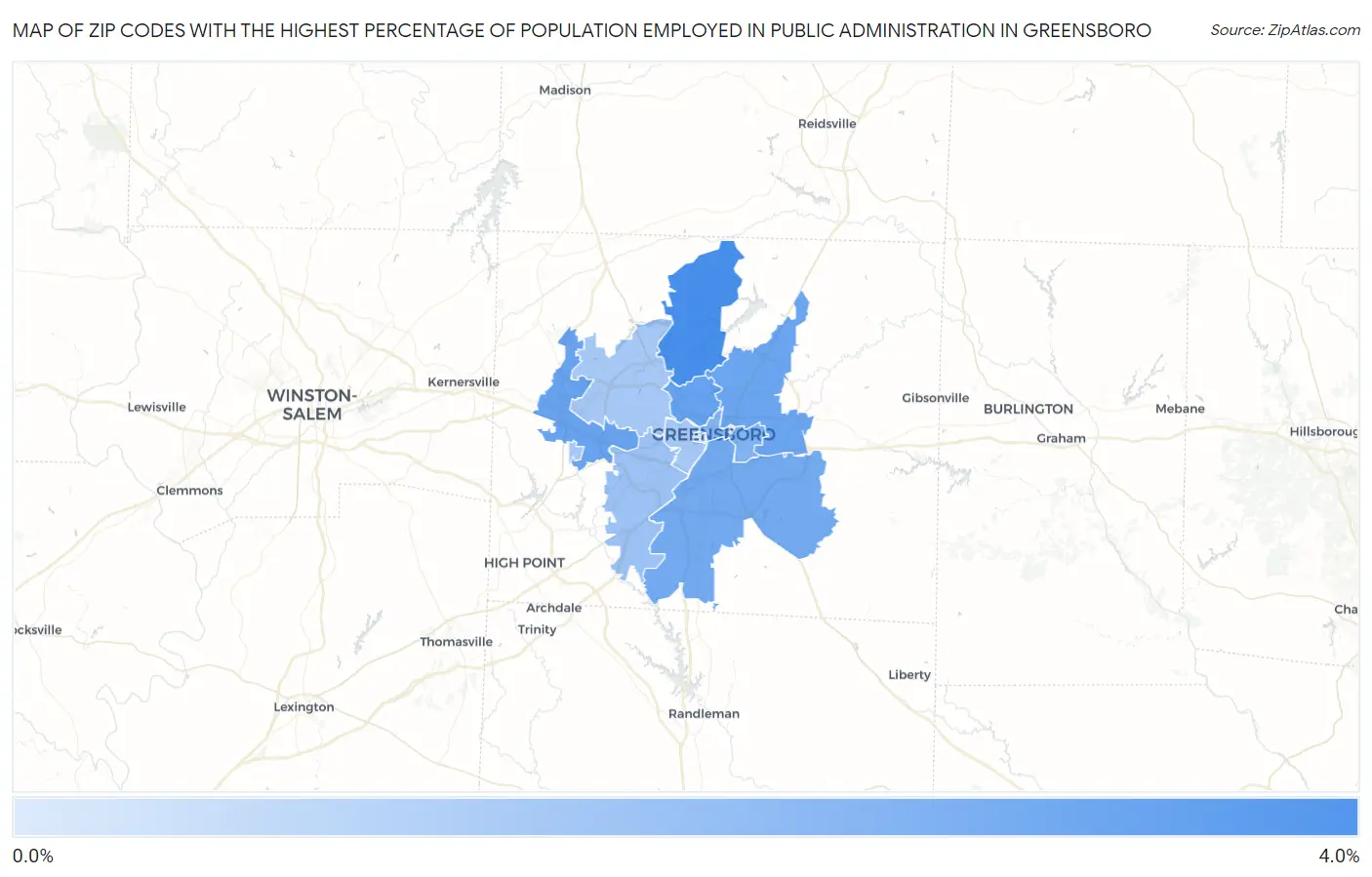 Zip Codes with the Highest Percentage of Population Employed in Public Administration in Greensboro Map