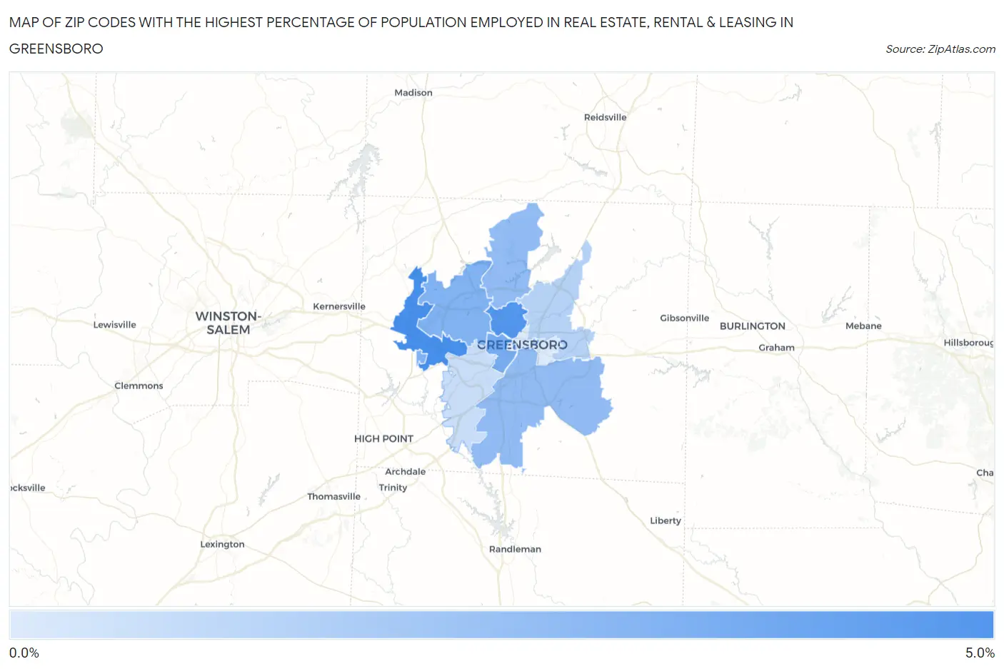 Zip Codes with the Highest Percentage of Population Employed in Real Estate, Rental & Leasing in Greensboro Map