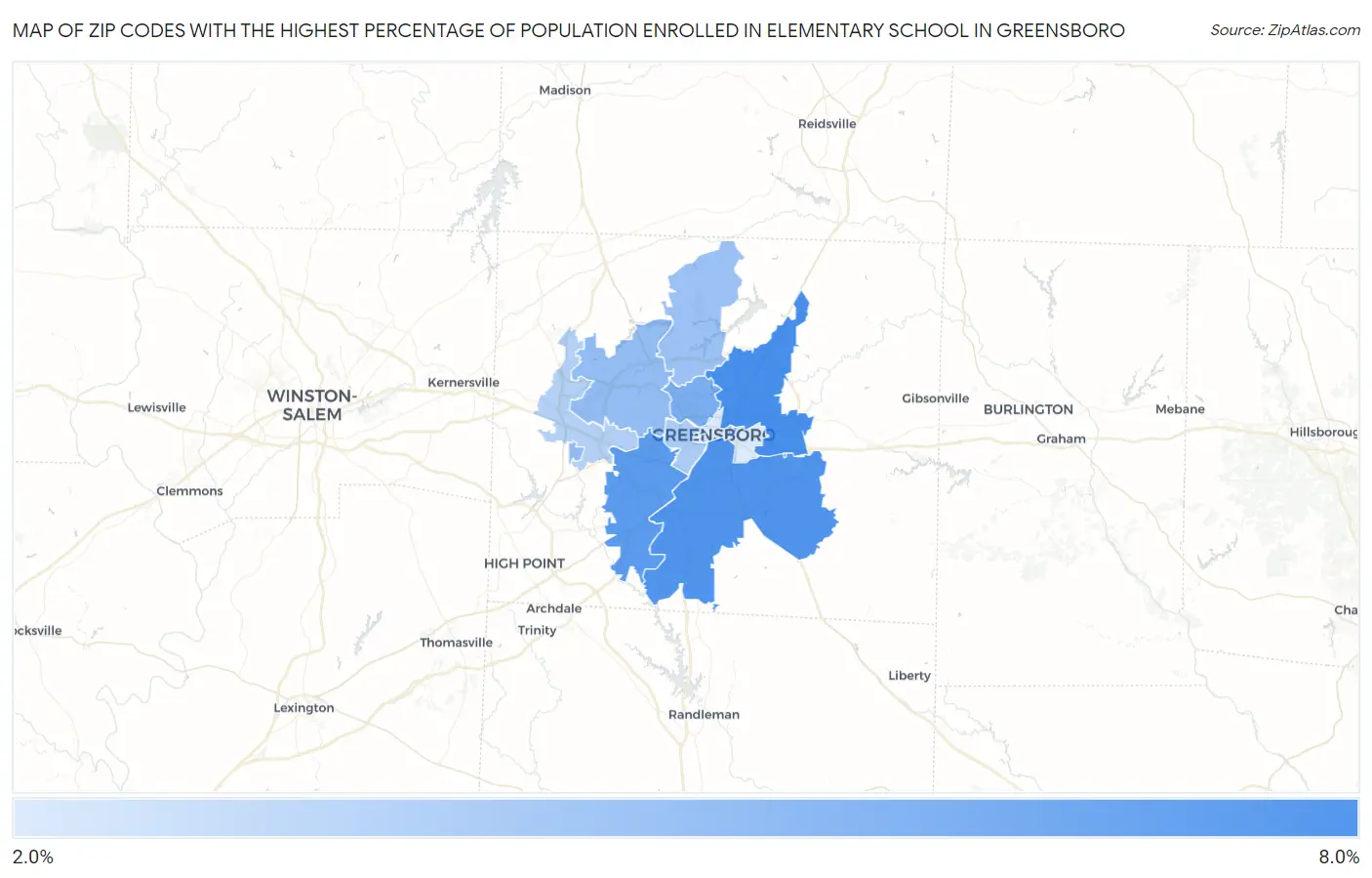Zip Codes with the Highest Percentage of Population Enrolled in Elementary School in Greensboro Map