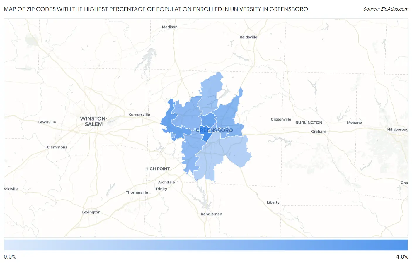 Zip Codes with the Highest Percentage of Population Enrolled in University in Greensboro Map
