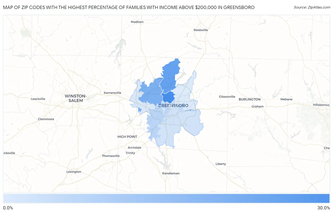 Zip Codes with the Highest Percentage of Families with Income Above $200,000 in Greensboro Map