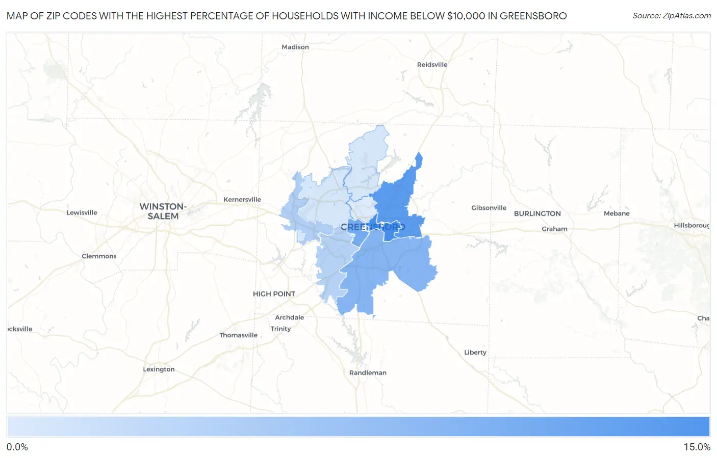 Zip Codes with the Highest Percentage of Households with Income Below $10,000 in Greensboro Map