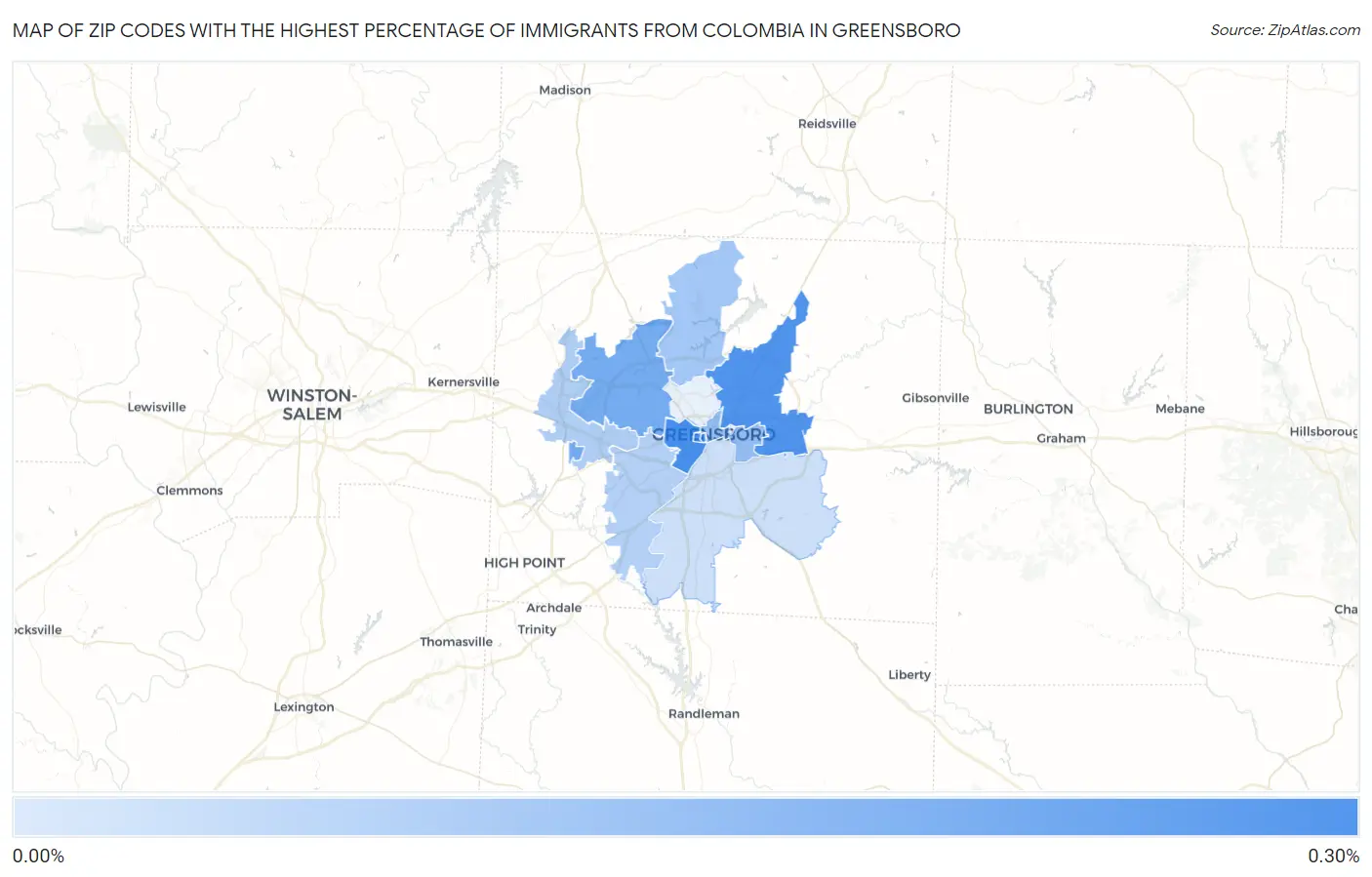 Zip Codes with the Highest Percentage of Immigrants from Colombia in Greensboro Map