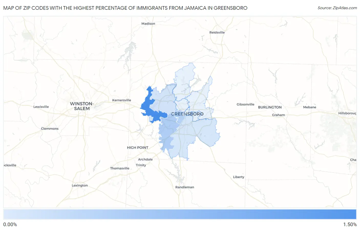 Zip Codes with the Highest Percentage of Immigrants from Jamaica in Greensboro Map